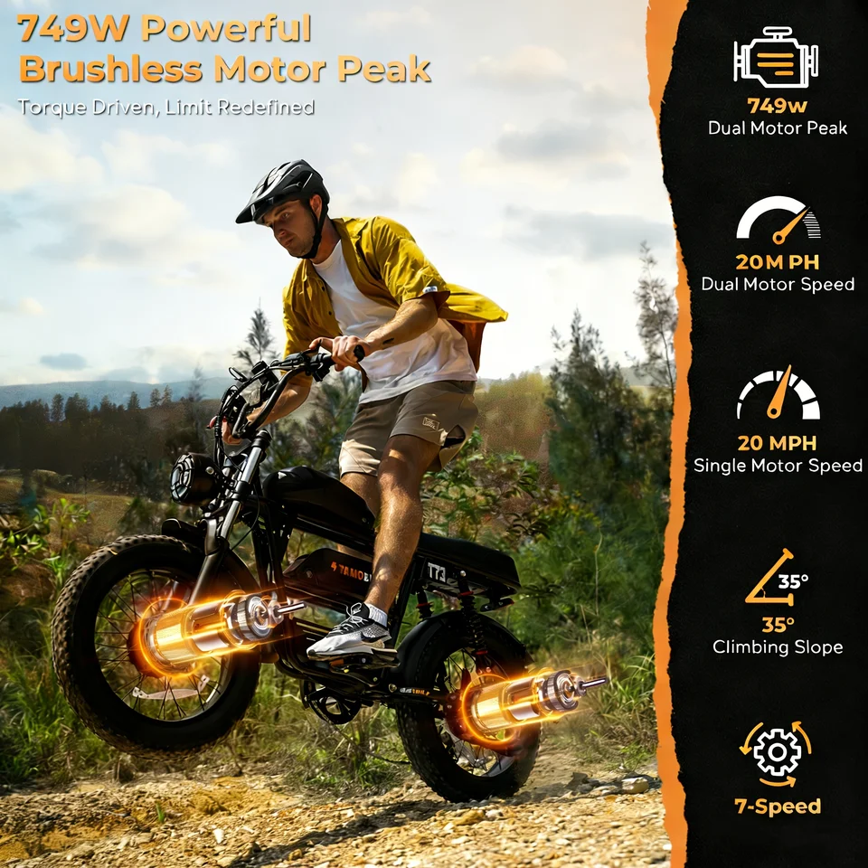 Adult Electric Bicycle, 749W Brushless Motor 20MPH, 80-120 Miles, Detachable Dual Battery 48V20.8AH, Hydraulic Brake+Front Fork image 4