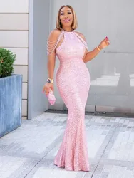 Plus Size Odzież damska Suknie wieczorowe Off The Shoulder Cekiny Eleganckie sukienki imprezowe Letnia siateczkowa seksowna długa jednoczęściowa sukienka