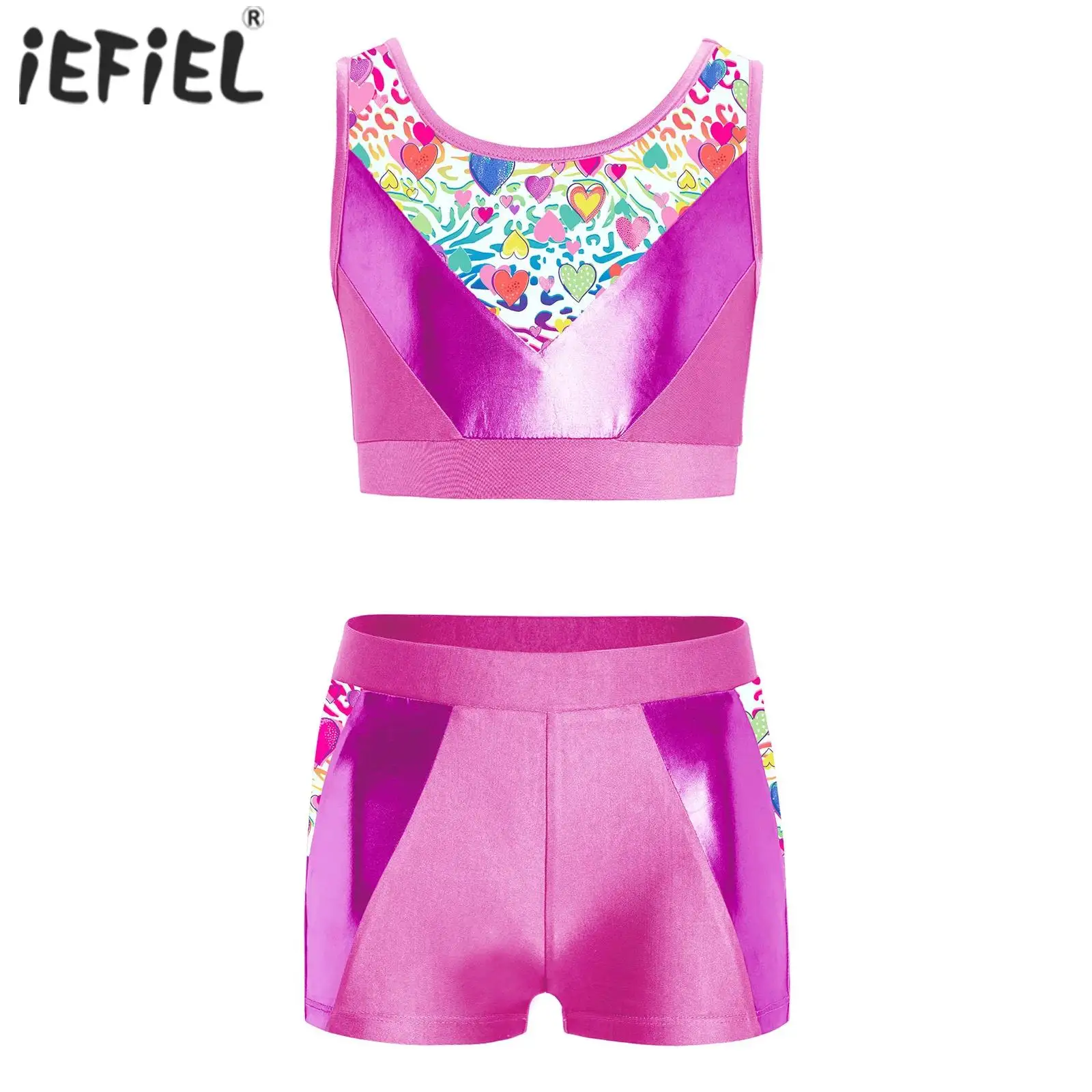 

Детские спортивные костюмы для девочек, балетные комплекты, укороченный топ без рукавов в стиле пэчворк с металлическим принтом и шортами для йоги, гимнастики, танцев