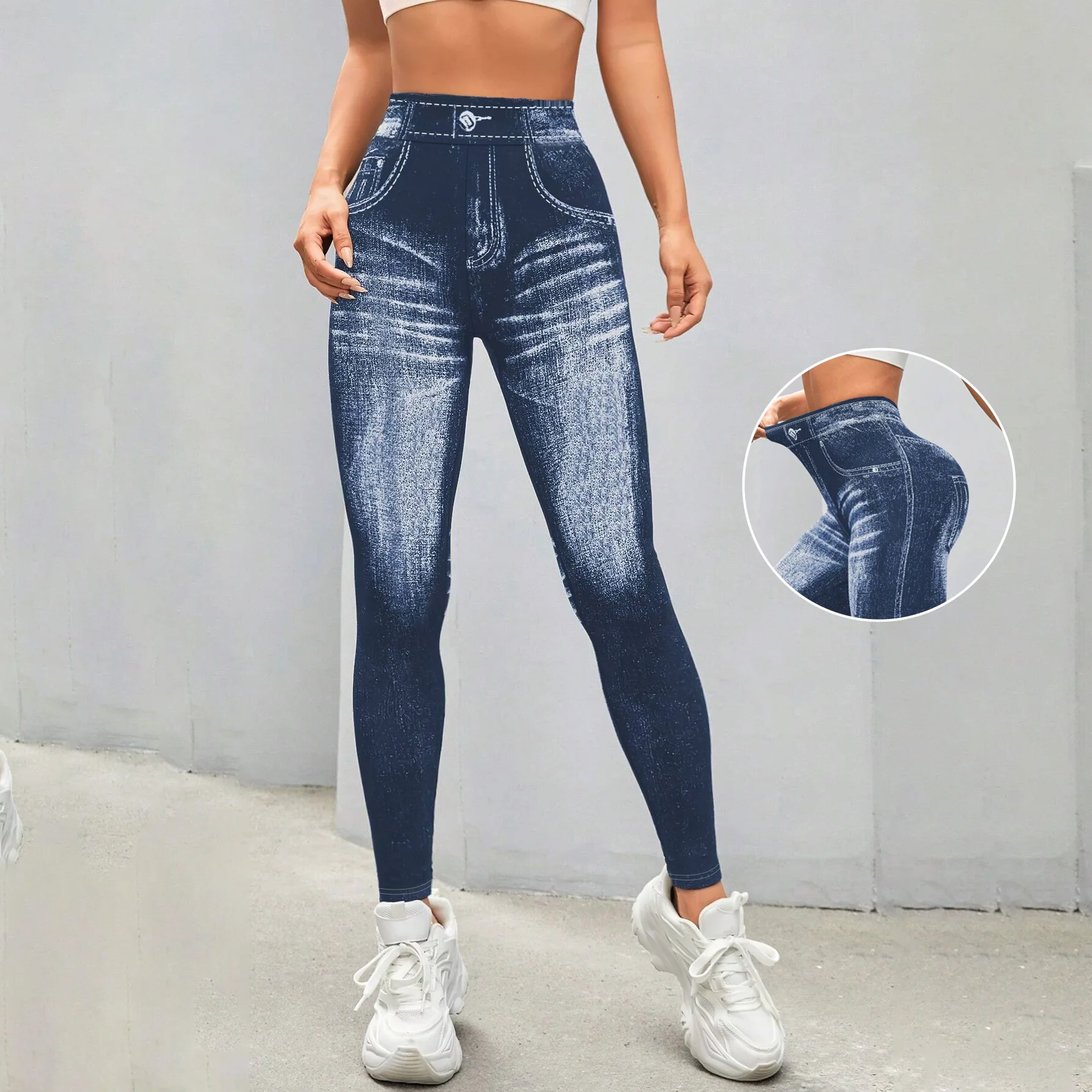 

﻿ Women Sport Yoga Leggings Faux Denim Skinny Tight Seamless Fitness Outerdoor Pants