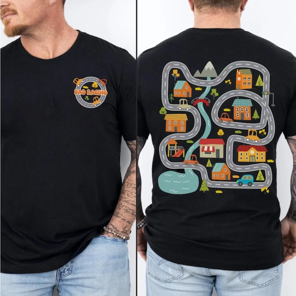 Play Cars on Dad's Back Mat Road Car Race Track TShirt Cute Tired Dads Club Tee Vater-Geburtstagsgeschenk Herren-Baumwollhemd mit Rundhalsausschnitt