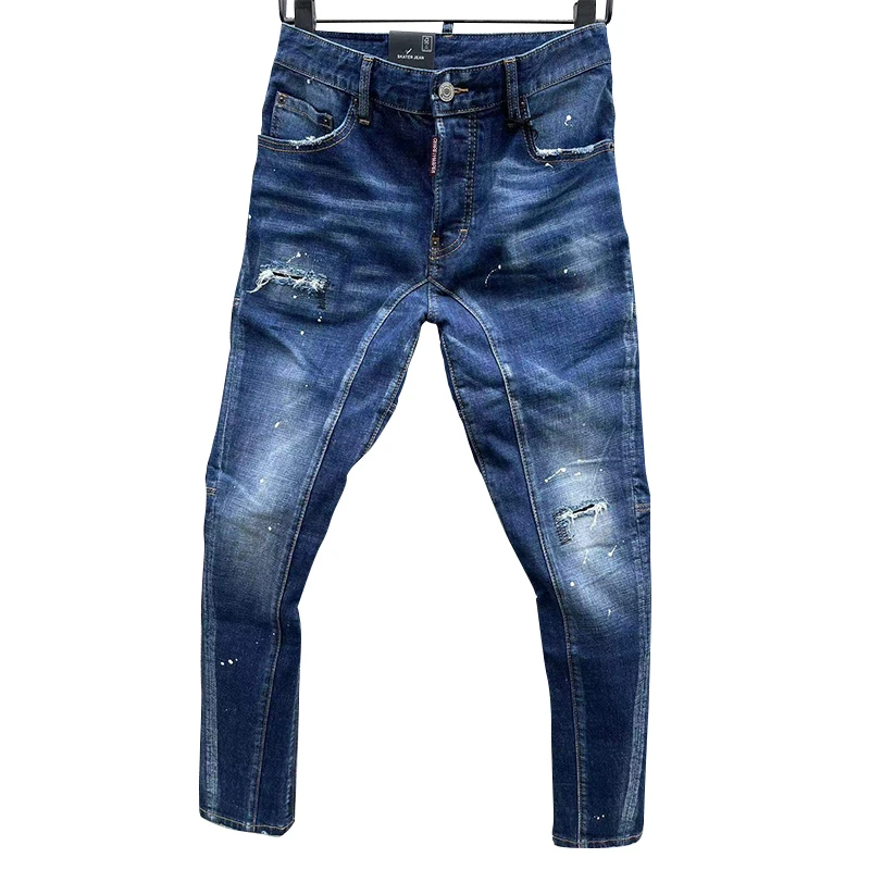 100 Chareiharper  t162 Hipster Men's Wash worn holes patch paint embroidery hand stitched small feet blue jeans men pants