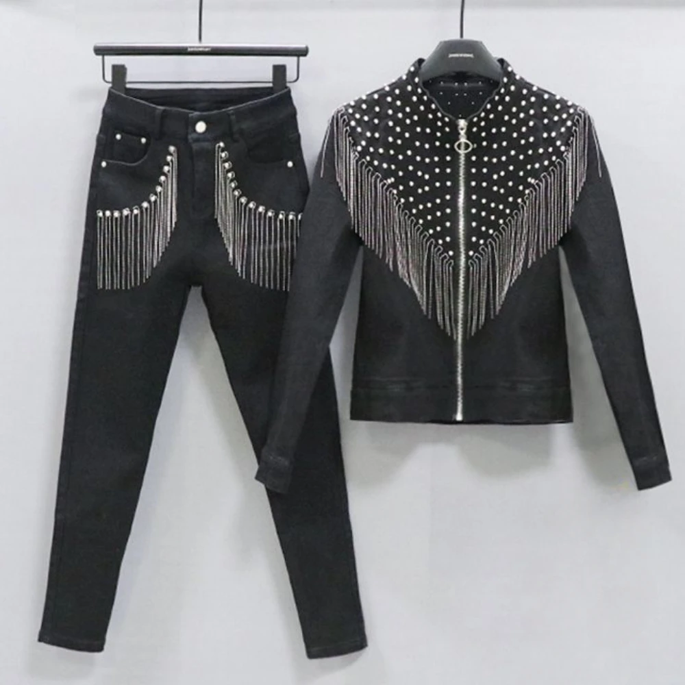 Women Denim Jacket Autumn Winter Rivets Metal Chain Tassels Coat Zipper Cardigan Tops + Long Sleeved Jacket+long Pants 2Pcs Set