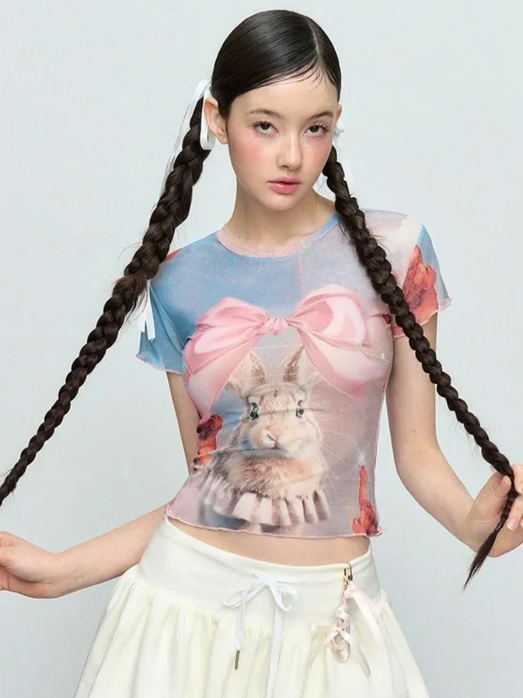 Bow Tie Rabbit Ropa De Mujer See Through Camisetas Streetwear O-neck Crop Top Women Y2k Clothes Short Sleeve Graphic T Shirts