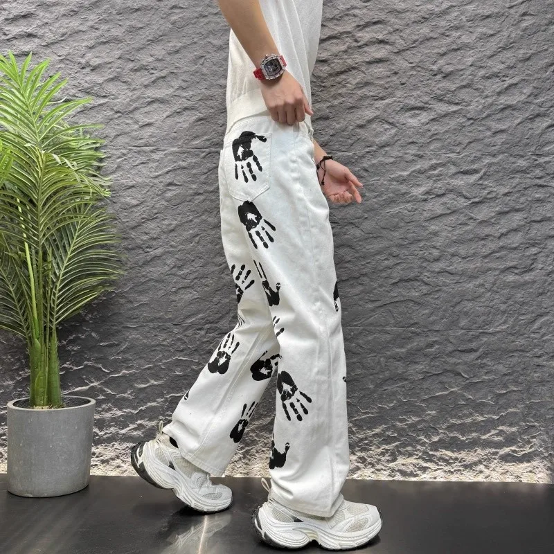 

Mens Retro American Street Hip Hop Hand Print Jeans For Man High Street Motorcycle Denim Pants Baggy White Jeans Techwear Homme