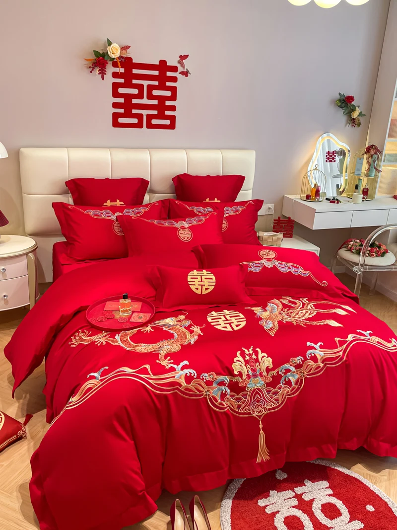 4Pcs Chinese Style 100% Cotton Wedding Red Dragon And Phoenix Embroidery Bedding Duvet Cover 200x230 220x240 Four Seasons