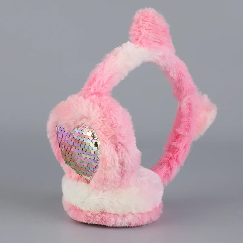 Autumn and Winter Gradient Plush Warm Earmuffs for Women, with Reversible Iridescent Sequin Heart Decoration, Cute Cat Ears, Thickened for Cold Protection, Foldable, Suitable for Outdoor Use in Snowy Conditions, Windproof Ear Protection Accessories, Available in Multiple Colors