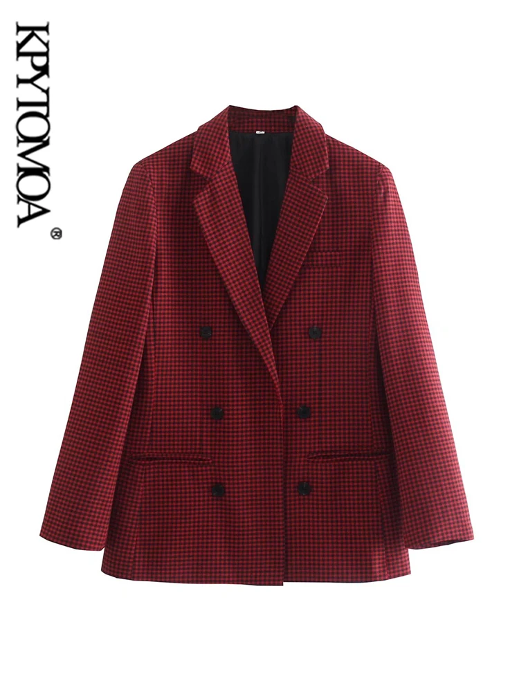 KPYTOMOA Women Fashion Office Wear Double Breasted Check Blazers Coat Vintage Long Sleeve Pockets Female Outerwear Chic Tops