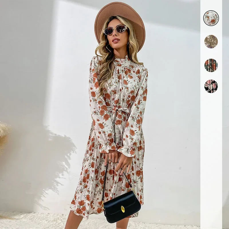 

Women's Floral Printed Long Sleeve Lace Up Half High Neck Dress Vintage Dresses Spring and Autumn