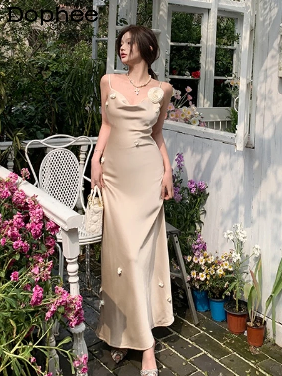 

Sweet 3D Flower Satin Swing Collar Sling Dress Women 2024 Summer French Style Temperament Tight Waist Sheath Fishtail Dress