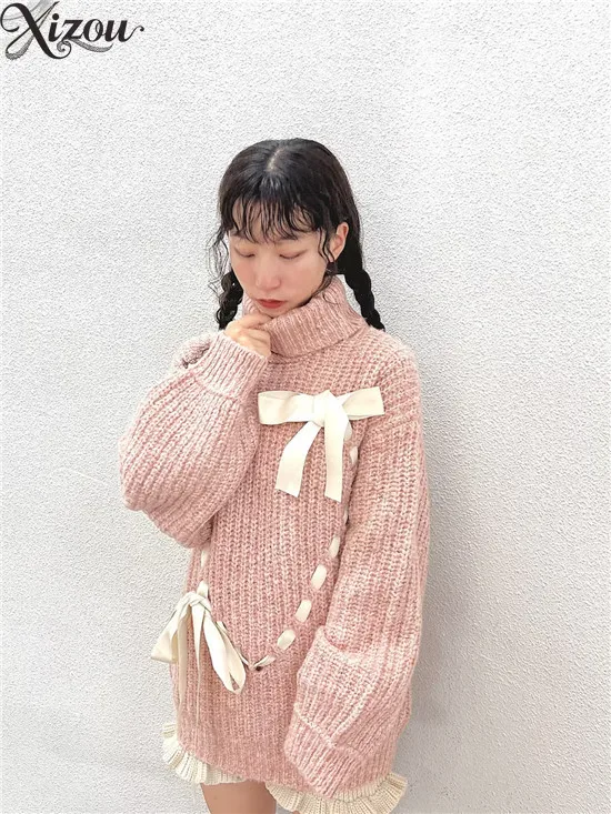 

2025 японские вязаные свитера Y2K в стиле ретро, женские зимне-осенние милые пуловеры с рукавами-фонариками и розовым бантом на шнуровке, толстые с высоким воротником