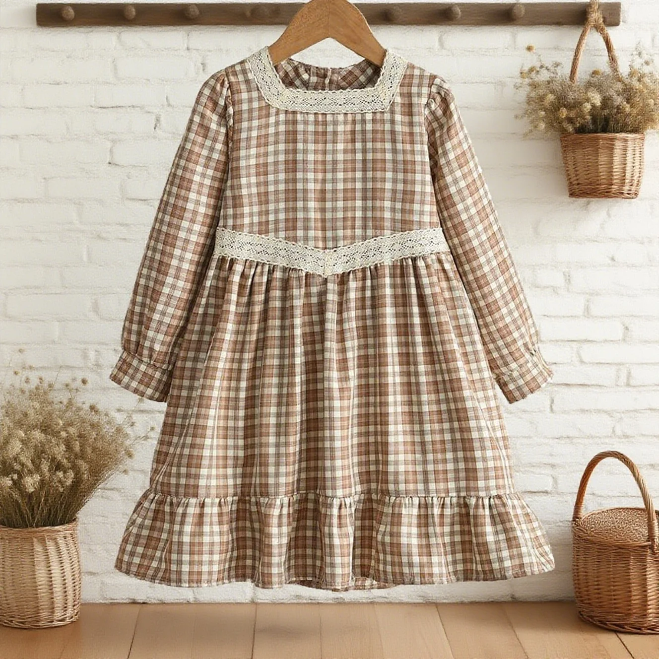 2025 Autumn New British French Style Dress Brown Checkered Lace Square Collar Girls Sweet Artistic Princess Dress