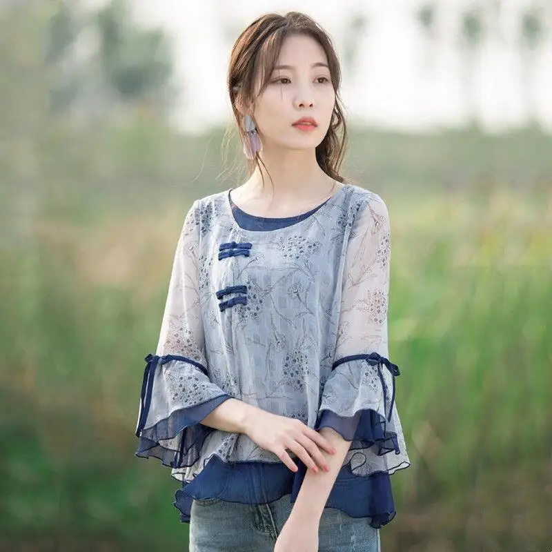 2026Summer New Women Retro Loose Chiffon Shirt Tops Stylish Versatile Niche Fairy Style Soft Comfort Seven Quarter Sleeved Shirt
