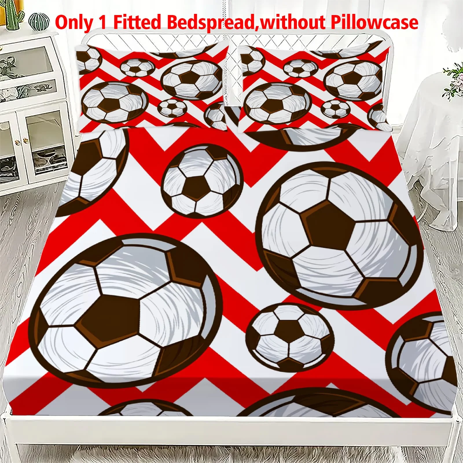 1pc Soccer Balls on Red Chevron Print Fitted Sheet Deep Pocket Elastic Mattress Cover Single Double Queen King Bedroom Decor