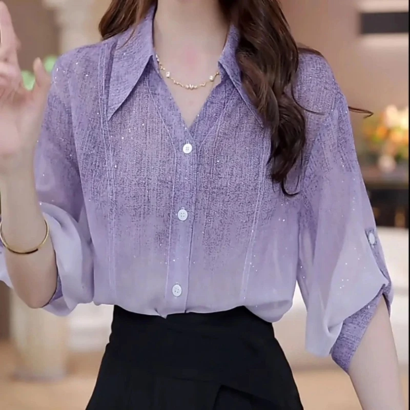 

Fashion Lapel Button Loose Commute Gradient Shirt Women's Clothing Summer New Korean Tops Office Lady Blouse