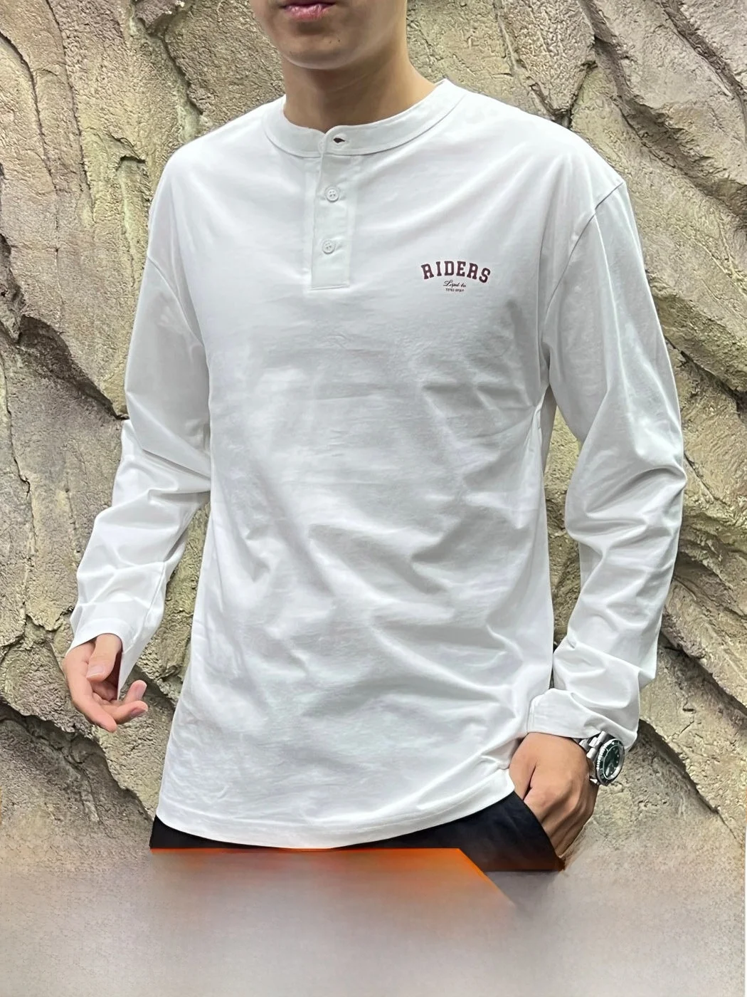 American Casual Style 100% Cotton Washed Skin-friendly Comfortable Men's Henry Collar Long Sleeve T-shirt Base Shirt Trendy