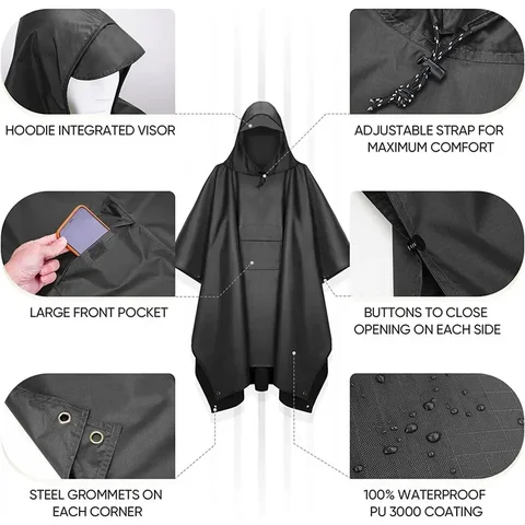 3in1 Full Poncho Adult Waterproof Cover Men's Folding Raincoats With Hood For Rain Male Poncho Coat Man Impermeable Trip Camping
