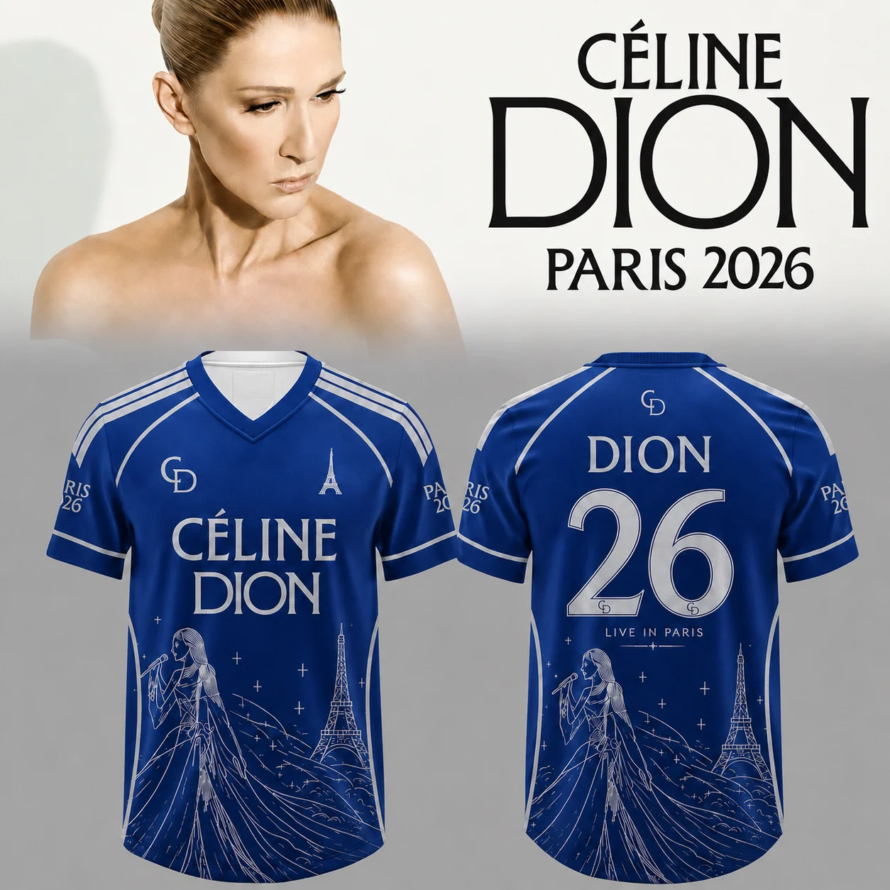 Celine Dion Paris 2026 Tour Fußballtrikot mit goldenem Eiffelturm-Aufdruck, Unisex V-Ausschnitt Kurzarm-T-Shirt, Fan-Shirt für Konzerte und Partys – Detail 2