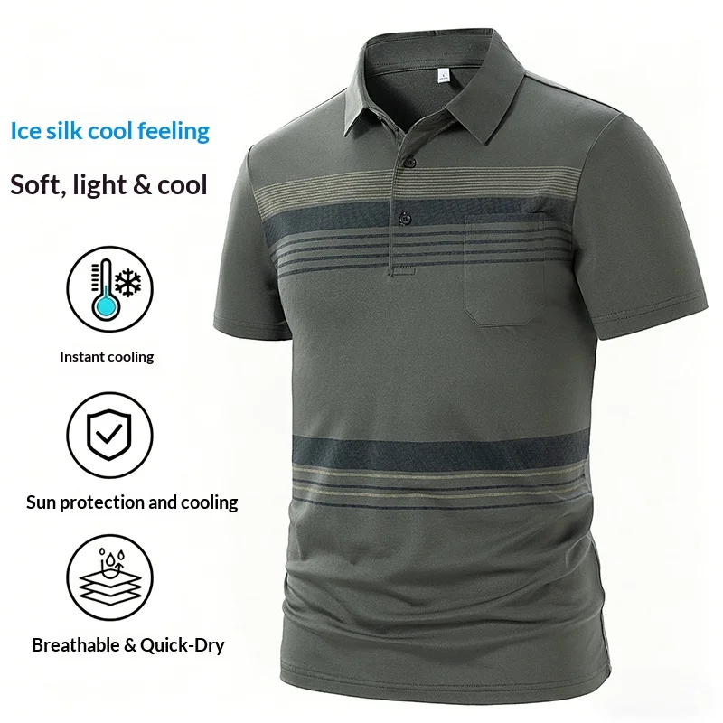 Summer New Men's Striped Lapel Polo Shirt Printing Short Sleeve Workwear Tops Business Fashion Slim Fit Work Polo Shirts for Men