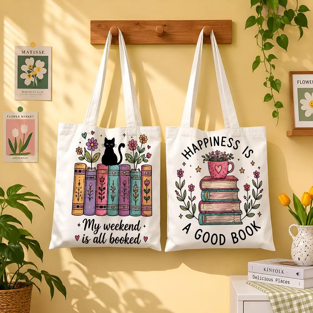 Book Lover Floral Reading Quotes Storage Bags 1pc Canvas Tote Bag Reusable Shopping Shoulder Bag For Women Daily Use
