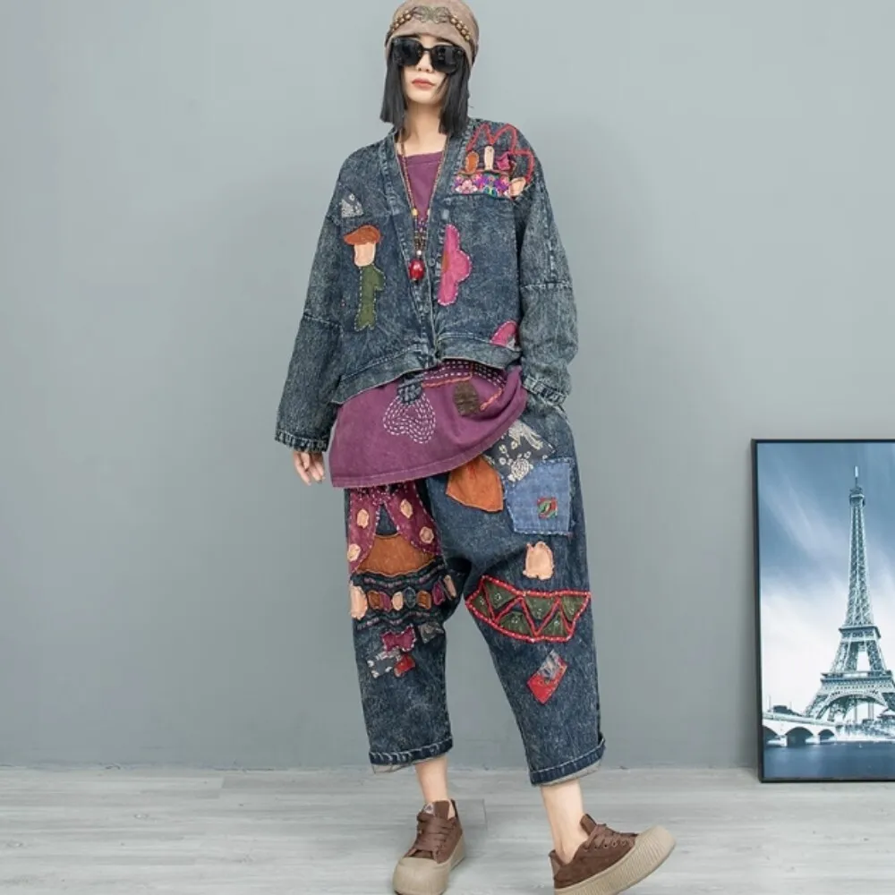 Heavy Industry Hand Embroidered Fabric Pant Set 2024 Autumn Cardigan Denim Jacket + Harem Pant Two Piece Set Women LX2253