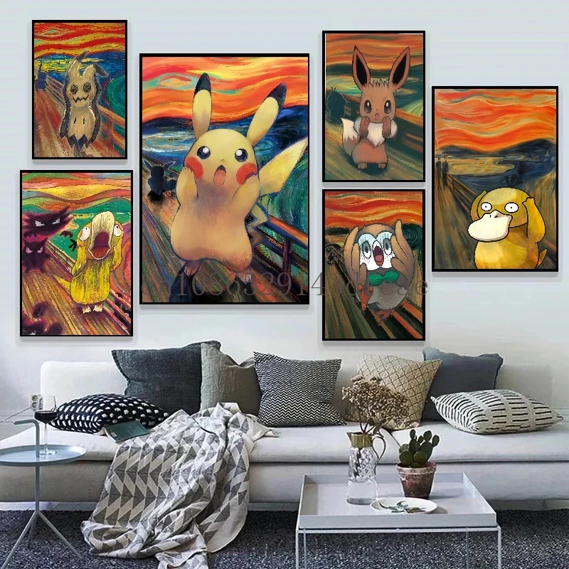 Van Gogh Museum Pokemon Anime Figures Pikachu Watercolor Painting Canvas HD Posters and Abstract Art Murals Picture Home Decor