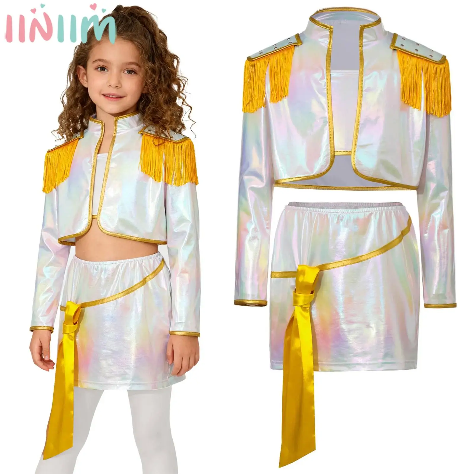 

Children Girls Halloween Carnival Hunter Korean Pop-singer Cosplay Costume Jazz Dance Outfit Long Sleeve Outwear Crop Top Skirt