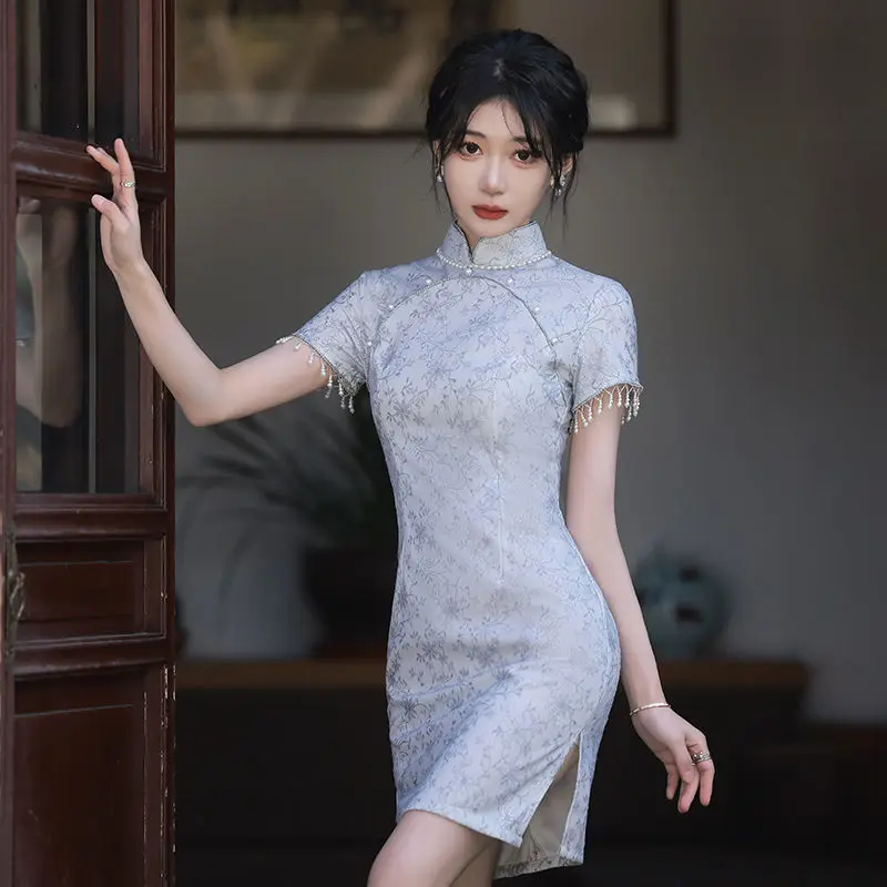 Cheongsam 2022 New Women's Summer Chinese Style Short Sleeved Mini Dress Korean Sexy Women's Wear  Short Prom Dress  Tweed Set