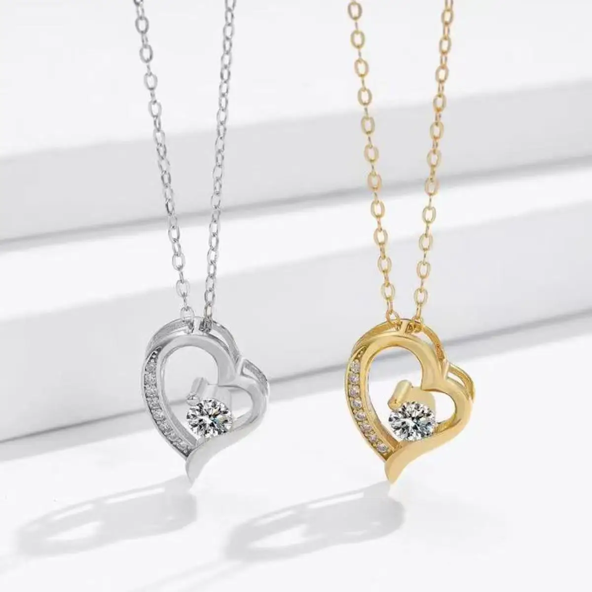Dual Tone Hollow Heart CZ Pendant Necklace, INS Niche Delicate Women Clavicle Chain, Versatile Jewelry Gift
