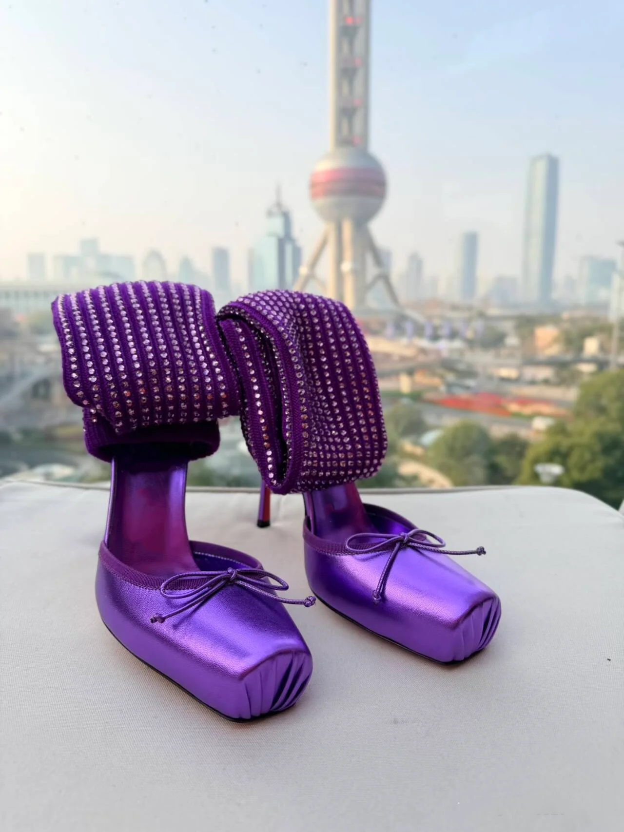 

Butterfly-Kont Square Toe Knee-High Women Sandals Sock Boots Stiletto High Heels Slip On Design Large Size Party Shoes