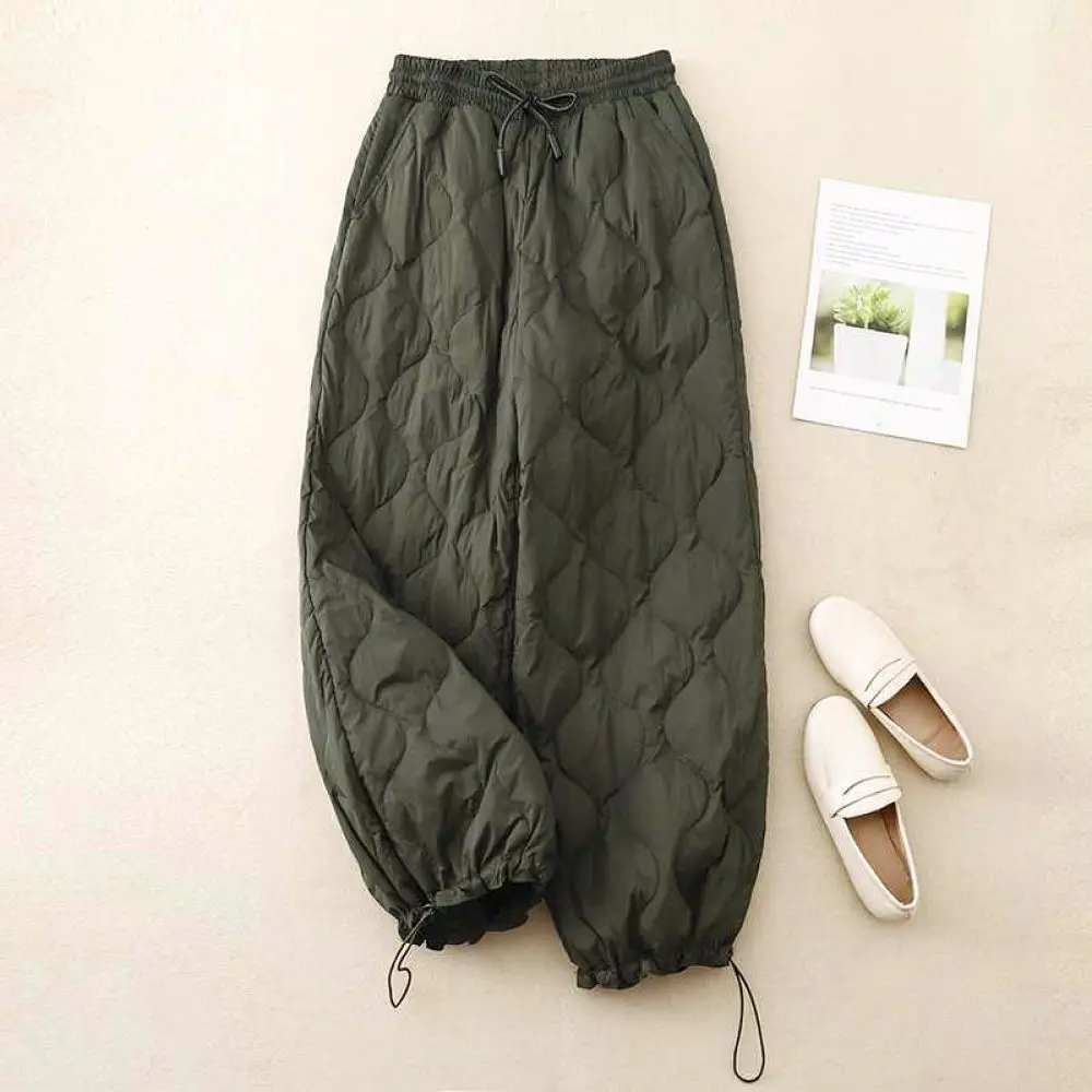 Winter New Womens Quilted Cotton Trousers Casual Loose Fit Elastic Waist Drawstring Windproof Warm Comfortable Streetwear