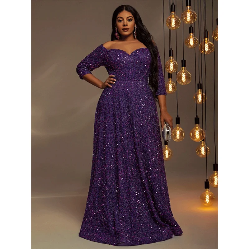 Talla grande, vestido de noche sin tirantes con lentejuelas, talla grande, brillante, hoja de loto, columpio, banquete de bodas, 4XL, 5XL
