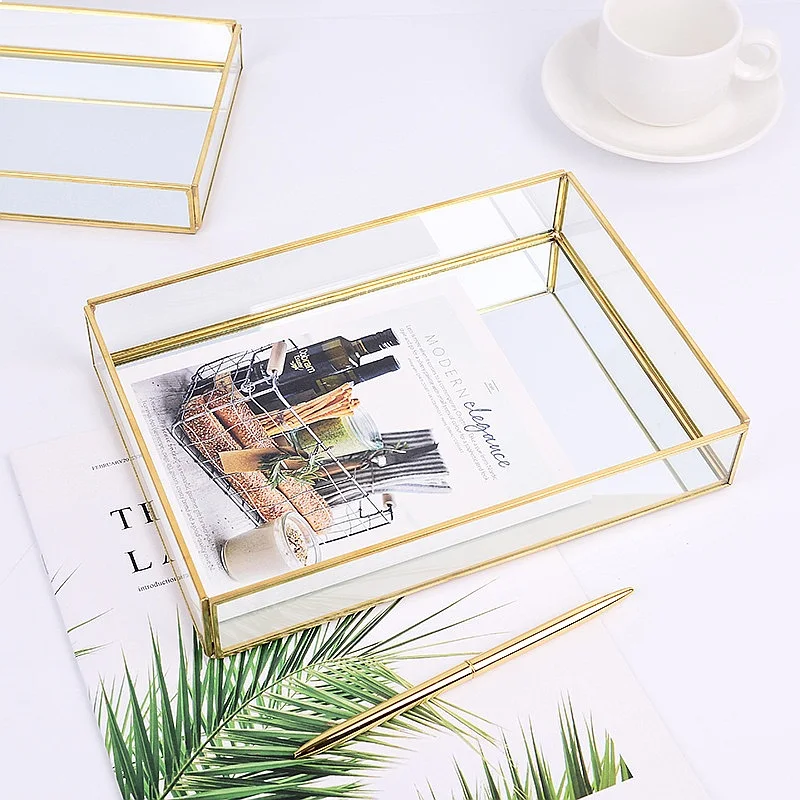Gold Rim Glass Storage Tray- Organizer for Cosmetics, Jewelry, Aromatherapy