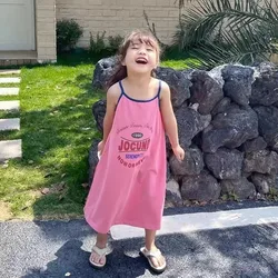 Vestido infantil sem mangas de comprimento médio, estilo coreano, estilo férias, colete menina, saia camisola, tendência elegante, verão