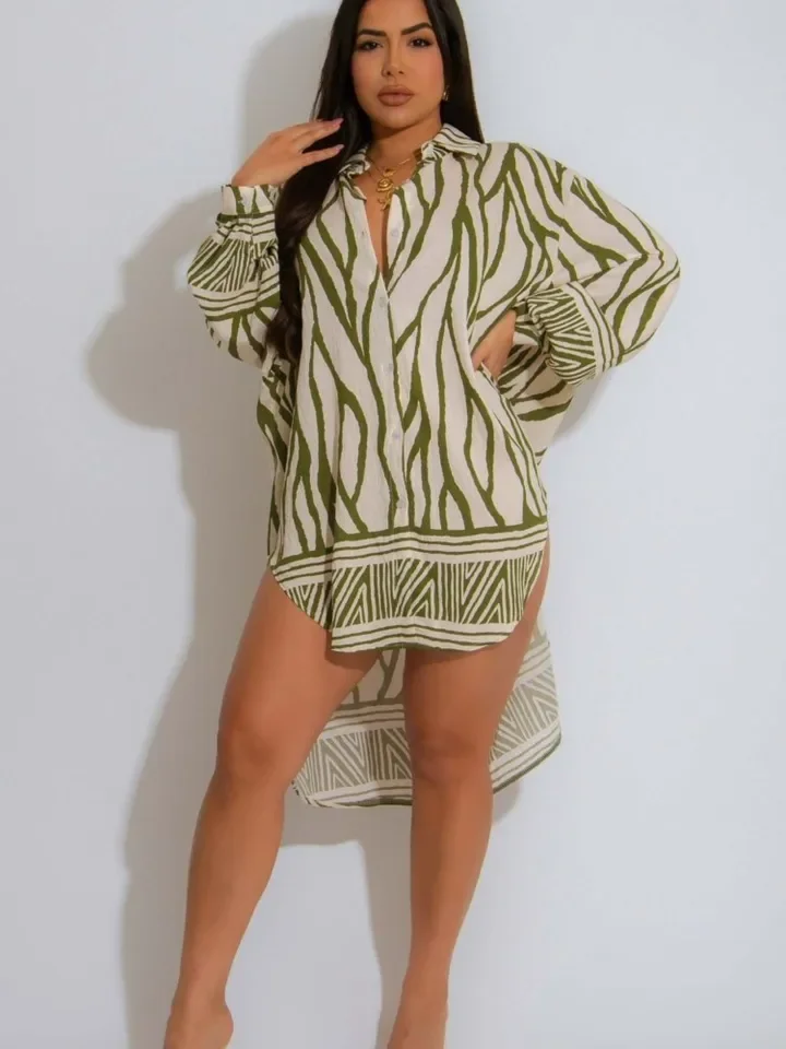 2025年夏 ビーチカジュアル ルーズ 長袖シャツ ミニワンピース レディース ファッション バケーション プラスサイズ 女性用 ボタン付き イレギュラーヘム