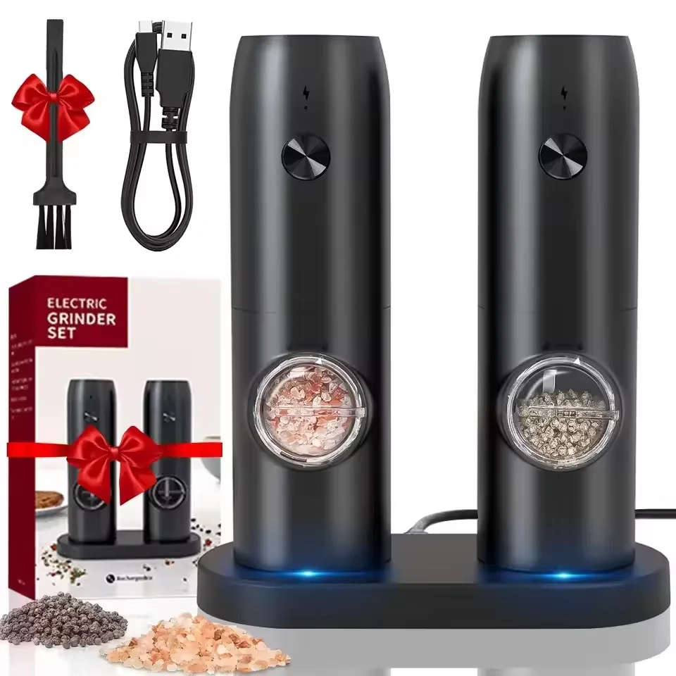 Electric Salt And Pepper Grinder Set Base LED Stainless Steel USB Rechargeable Automatic Pepper Mill Salt Spice Kitchen Tool