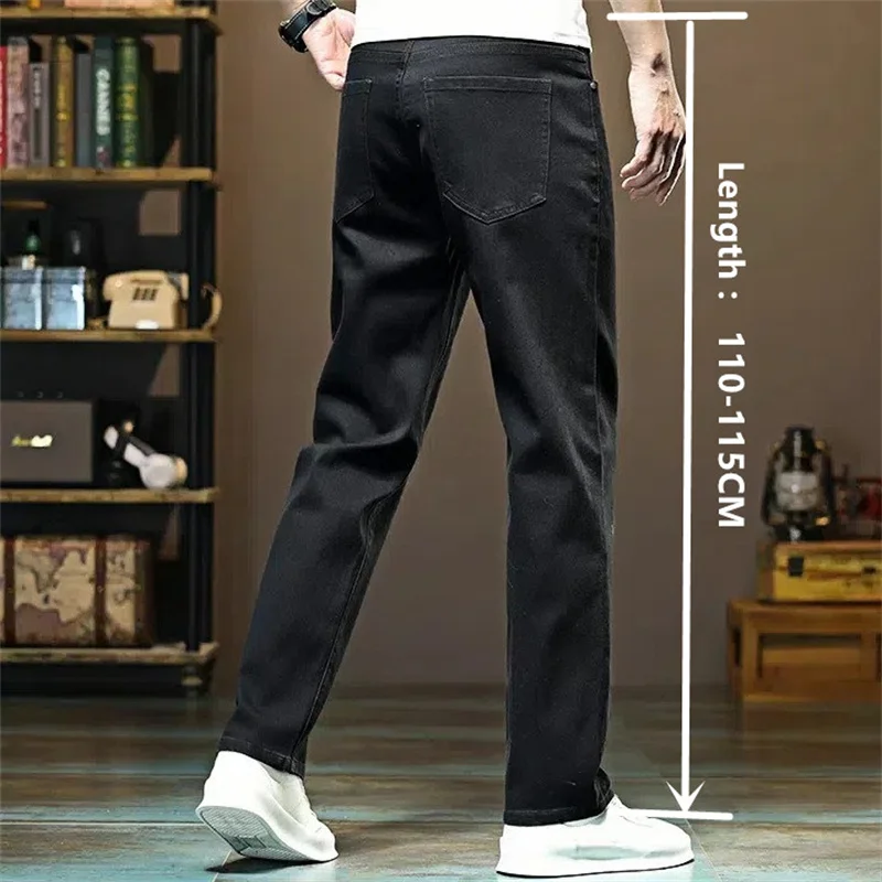 

Pure Black Denim Jeans Tall Guy Man Extra Long Stretched Fit Straight Lengthened Jeans Plus Size 40 42 Male Trousers Thick Pants