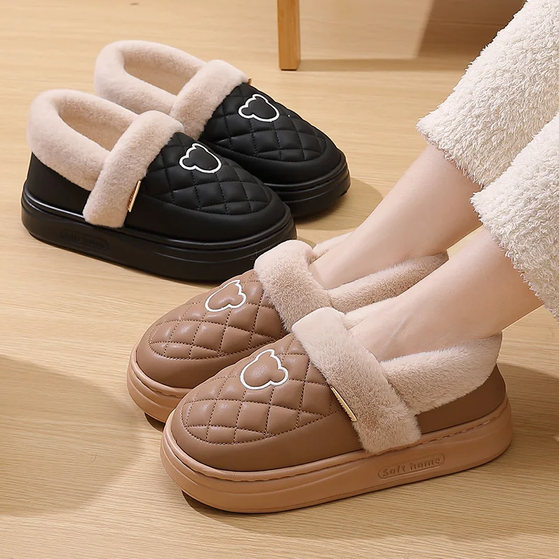 Winter Warm Slippers For Women Men PU Leather Quilted Fur Shoes Soft Thick Platform Fleece Lined Anti-Skid Indoor Bedroom Bootie
