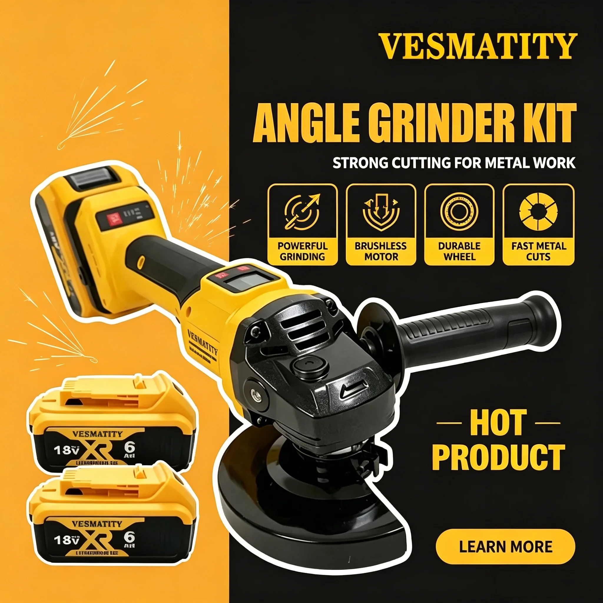 Angle Grinder VESMATITY Brushless 100/125mm Metal Polishing 4 Gears Grinding Machine Power Tool Professional for 20V Battery