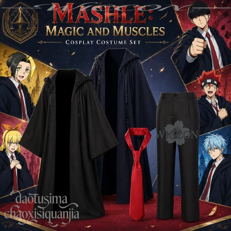 Anime Mashle: Magic And Muscles Mashle  play Black Navy Blue Long Magic Robe Red Tie Pants JK DK Stage  tume Halloween Party코스 view 2