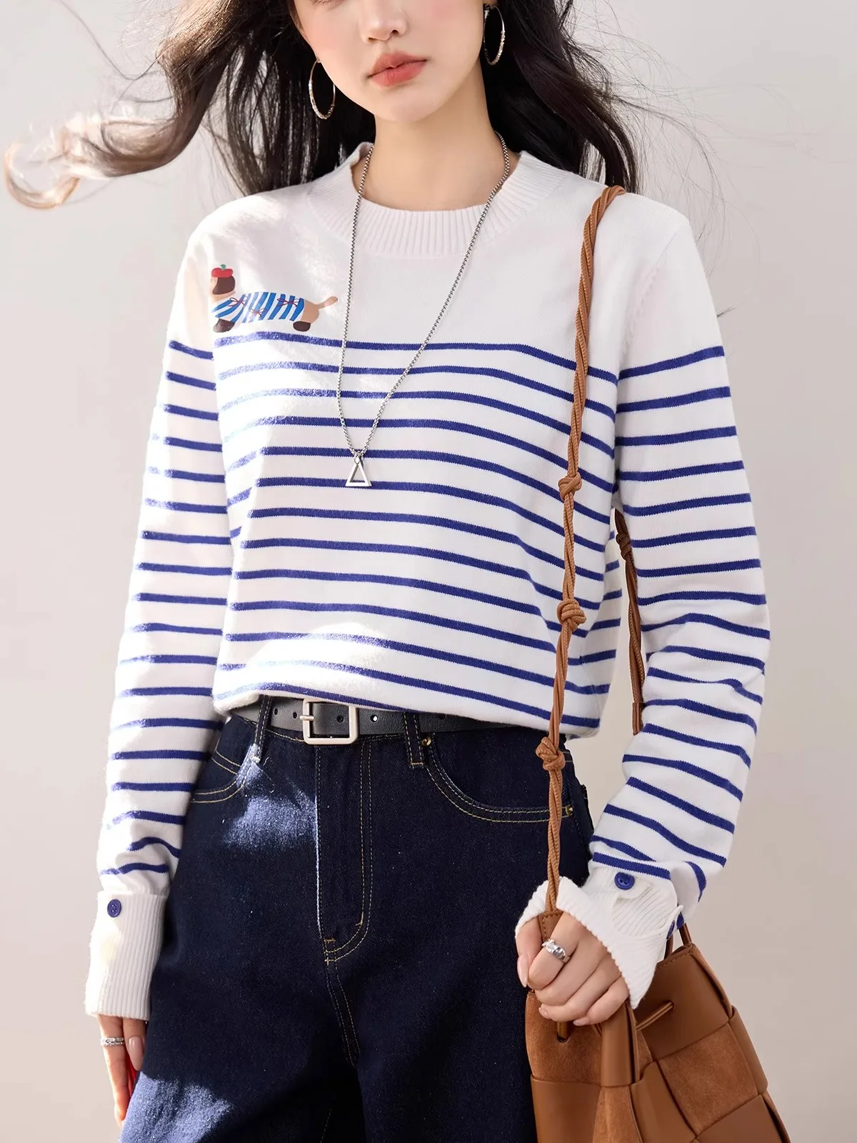 

Loose Knitted Women's Sweater round Ne Cartoon Dog Print Stripe Pattern Anti-Pilling Winter Top Slimming Effect Large Size
