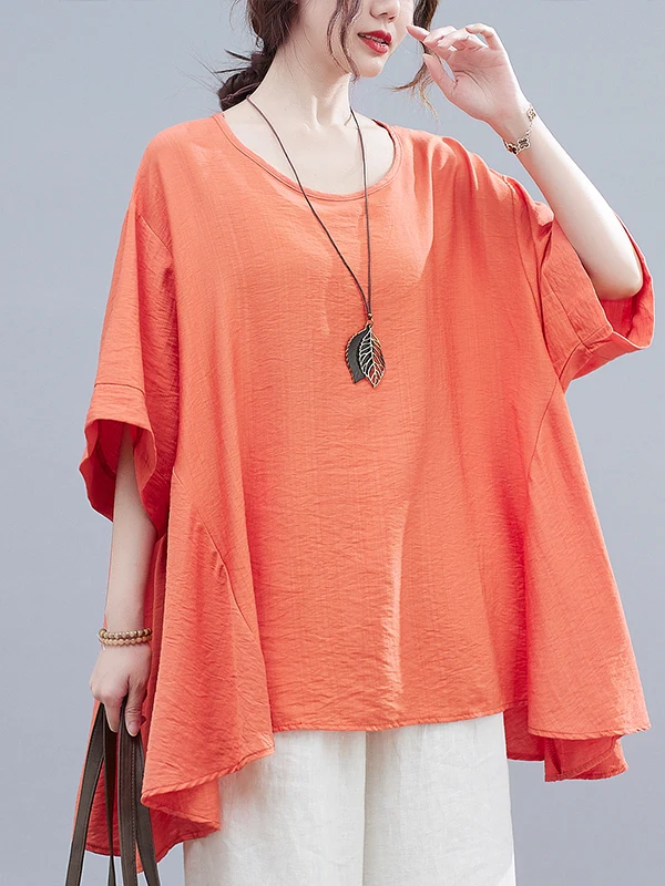 안티에이징 루즈핏 예술적 스타일 플러스 사이즈 여성용 티셔츠, 몸매를 가려주는 슬림핏 탑, 더 젊어 보이는 여름 의류