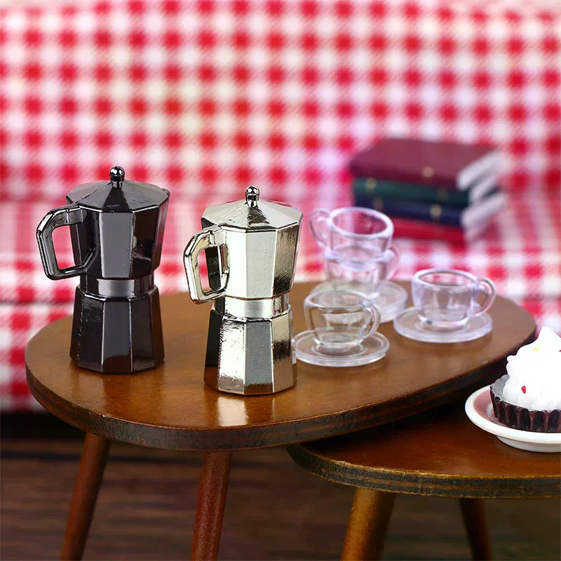 Prachtige 1:12 poppenhuis miniatuur Moka pot met koffiepot, metalen waterkoker en beker lade poppenhuis keukenaccessoires
