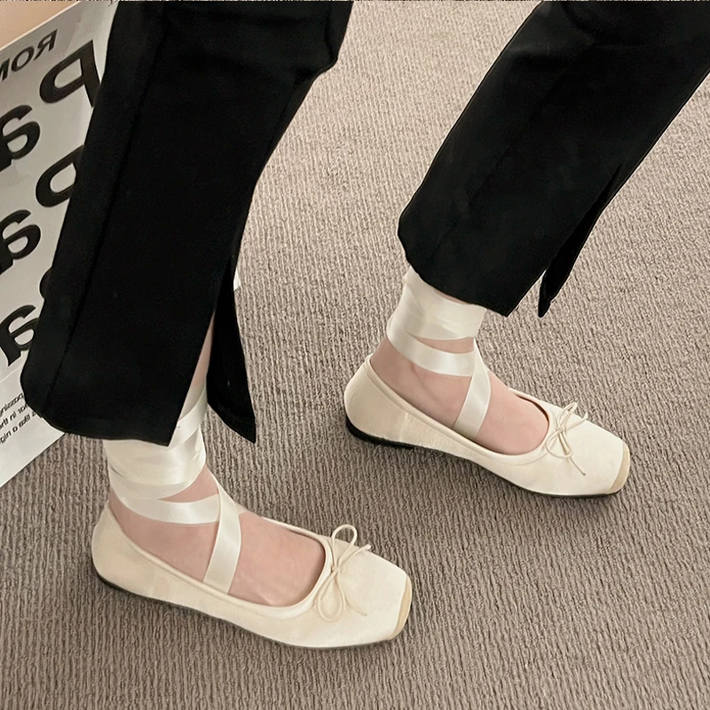 Luxury  Lace Tie Leg Satin Silk Ballet Flats Woman Square Toe Bowknot Elastic Band Ballerinas Ladies Wedding  Floral Shoes