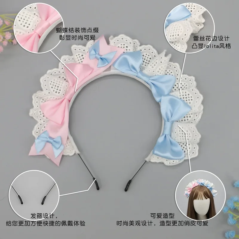 Forcina Lolita in stile giapponese per ragazze, anime, cosplay, fascia per capelli con nodo e fiocco in pizzo per esposizioni e feste