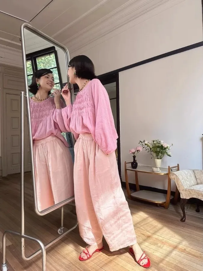 Pantaloni casual larghi Pantaloni lunghi da pendolarismo sottili a doppio strato da donna Pantaloni estivi rilassanti a gamba dritta a vita alta