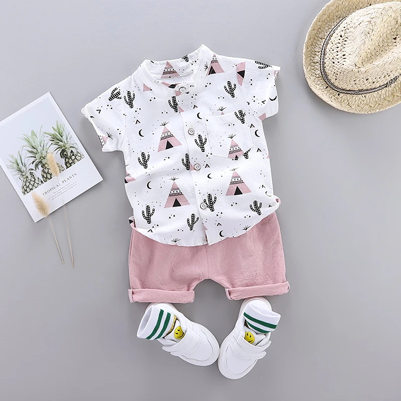 2PCS Baby Set Children's Summer Fashion AOP Triangle House Short Sleeve Standing Neck Shirt Set