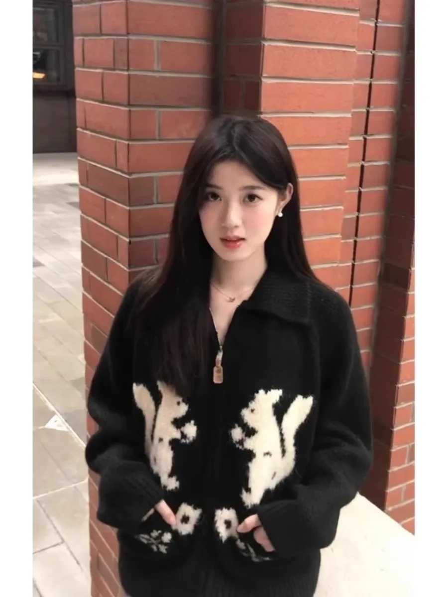 

American Sle Sweet Cute Rabbit Ne Knitted Sweater Women's Spring Autumn Lazy Loose Zipper Open Cardigan Top