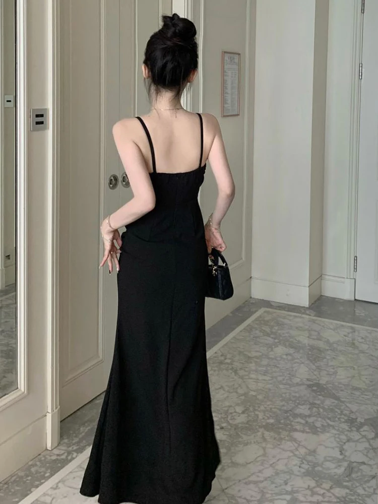 ชุดเดรสราตรีสีดำวิบวับ สายเดี่ยวเปิดหลัง ทรงเข้ารูป ดีไซน์หรูหรา สำหรับงานปาร์ตี้ คลับ งานพรอม แฟชั่นผู้หญิง สไตล์ใหม่