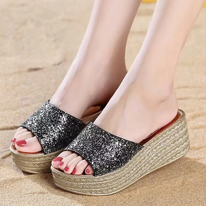 Lucyever Gold Silver Sequins Wedges Slippers for Women 2023 Summer Open Toe Platform Sandals Woman High Heels Slides Ladies 40